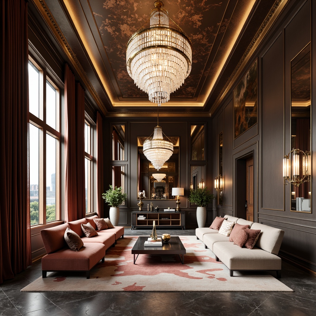 Prompt: Luxurious interior space, elegant furnishings, ornate mirrors, crystal chandeliers, velvet drapes, marble floors, metallic accents, sleek lines, modern minimalism, rich wood tones, sumptuous textiles, statement lighting fixtures, dramatic ceiling treatments, opulent decorative accessories, lavish patterns, sophisticated color palette, warm ambient glow, shallow depth of field, 1/1 composition, high-contrast rendering.