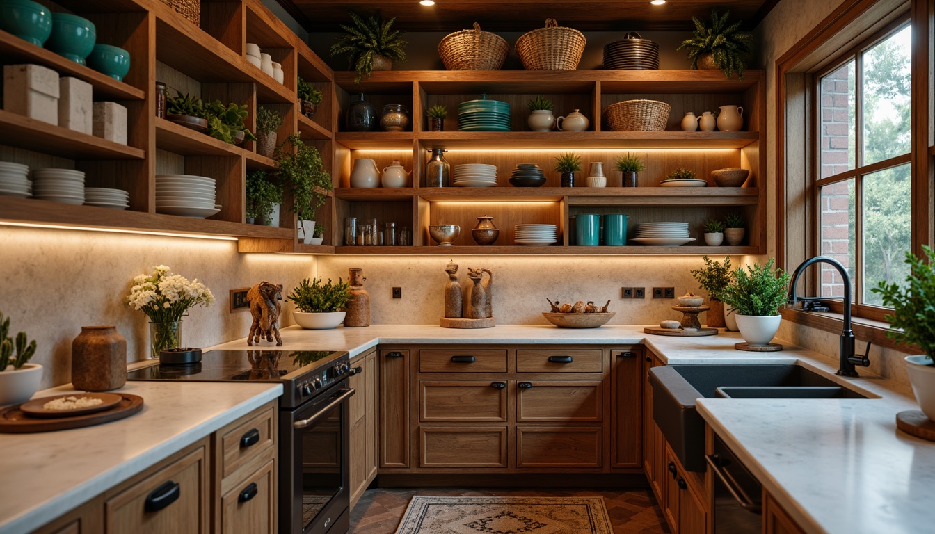 Prompt: Cozy pantry, warm wooden shelves, soft golden lighting, earthy tone ceramics, rich walnut cabinetry, rustic metal hardware, vibrant turquoise accents, natural stone countertops, woven wicker baskets, aromatic spice jars, crisp white shelving, modern matte black appliances, subtle copper highlights, shallow depth of field, 1/1 composition, realistic textures, ambient occlusion.