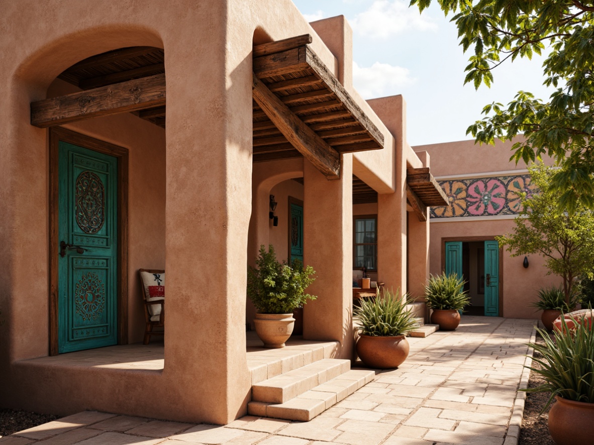 Prompt: Earth-toned adobe buildings, curved lines, ornate wooden doors, vibrant turquoise accents, geometric tile patterns, rustic metalwork, natural stone walls, terracotta roofs, arched windows, decorative wooden beams, colorful woven textiles, warm earthy lighting, soft focus, shallow depth of field, 2/3 composition, atmospheric perspective, realistic textures, ambient occlusion.