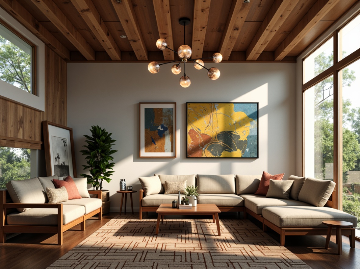 Prompt: Mid-century modern living room, retro-inspired lighting fixtures, spherical pendant lamps, minimalist metal shades, warm-toned wooden accents, geometric patterned rugs, comfortable sectional sofas, abstract artwork, large windows with natural light, soft diffused illumination, 1/1 composition, shallow depth of field, realistic textures, ambient occlusion.