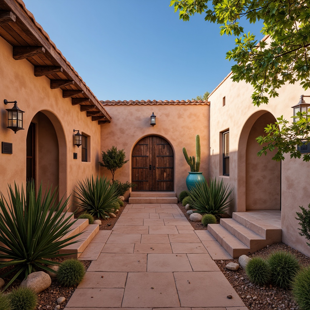 Prompt: Earth-toned adobe walls, curved archways, ornate wooden doors, rustic metal accents, vibrant turquoise accents, terracotta tile roofs, stucco finishes, hacienda-inspired courtyards, lush cacti gardens, warm sandy pathways, dramatic desert landscapes, clear blue skies, bold geometric patterns, intricate Native American textiles, natural stone flooring, earthy color palettes, cozy fireplaces, rustic wooden beams, ambient warm lighting, shallow depth of field, 3/4 composition, panoramic view.