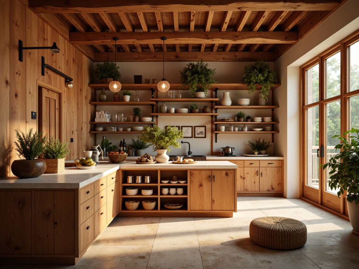 Prompt: Vibrant pantry interior, warm golden lighting, rich wood tones, soft creamy whites, deep blues, earthy terracotta, rustic metal accents, natural stone countertops, woven baskets, glass jars, modern minimalist shelving, subtle industrial touches, warm beige flooring, cozy atmosphere, shallow depth of field, 1/1 composition, realistic textures, ambient occlusion.