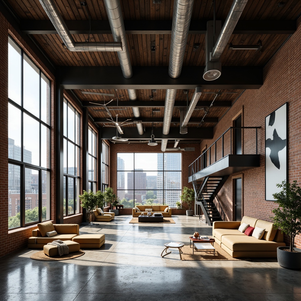 Prompt: Exposed ductwork, polished concrete floors, industrial steel beams, reclaimed wood accents, minimalist decor, abundance of natural light, urban city views, floor-to-ceiling windows, metal staircase, open-plan living area, functional exposed brick walls, distressed finishes, raw textures, modern brutalist architecture, high ceilings, spacious atmosphere, dramatic shadows, warm color palette, cozy reading nooks, eclectic furniture arrangement, pendant lighting fixtures, greenery installations, abstract artwork displays, shallow depth of field, 1/1 composition, softbox lighting, cinematic ambiance.