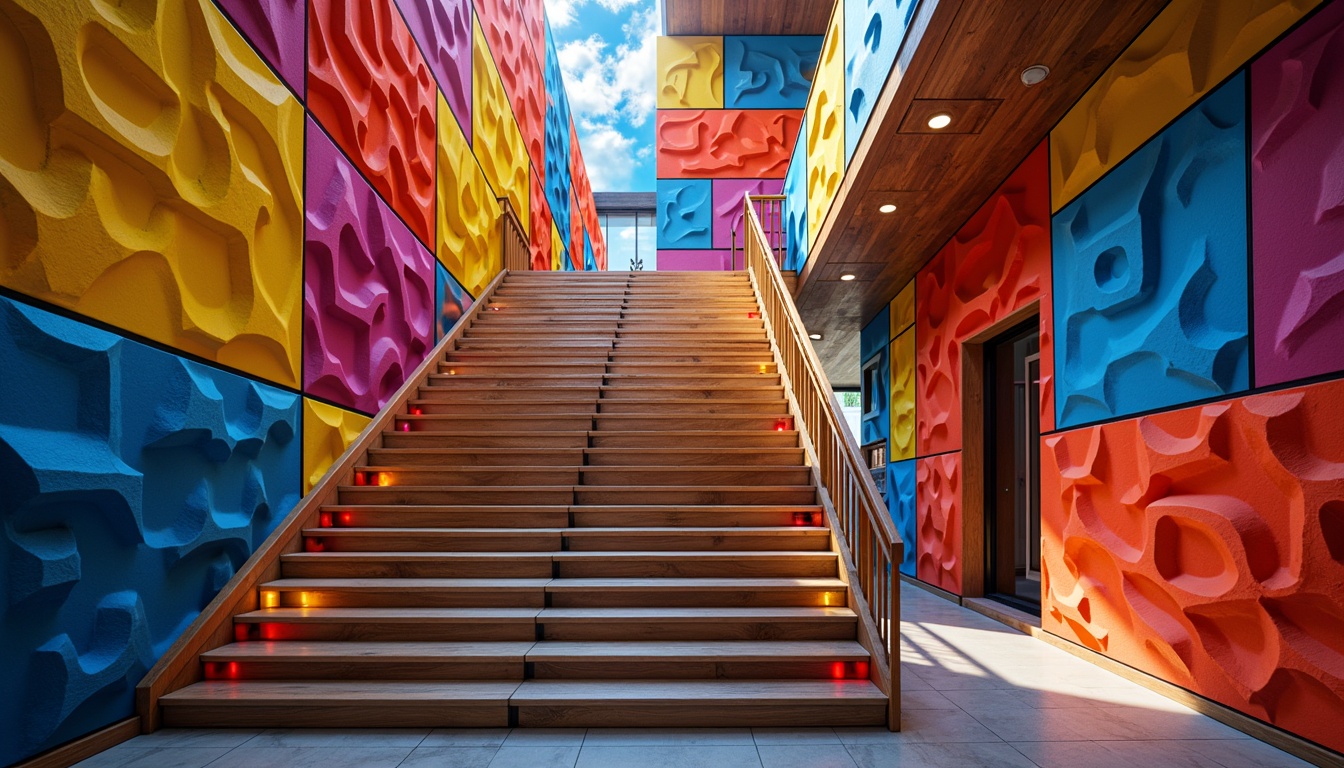 Prompt: Expressive staircase, bold geometric shapes, vibrant colorful walls, irregular fragmented forms, abstract artistic patterns, 3D sculpted textures, futuristic LED lighting, sleek metal handrails, cantilevered steps, minimalist wooden accents, avant-garde architecture, dramatic shadows, high-contrast colors, cinematic composition, shallow depth of field, wide-angle lens, artistic bokeh, dreamy atmosphere.