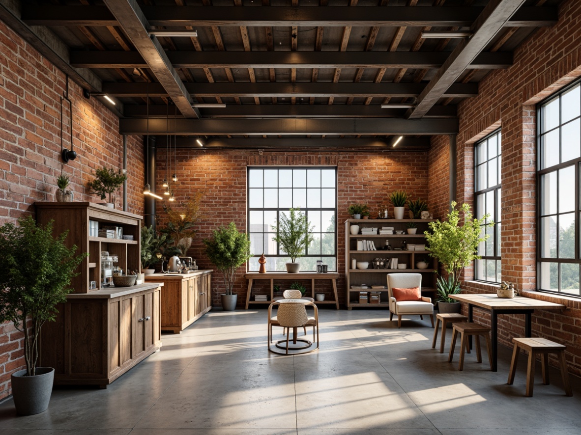 Prompt: Industrial-chic warehouse, exposed brick walls, metal beams, reclaimed wood accents, industrial lighting fixtures, concrete floors, minimalist decor, neutral color palette, weathered metallic tones, distressed finishes, urban loft atmosphere, warm natural light, shallow depth of field, 3/4 composition, gritty textures, ambient occlusion.