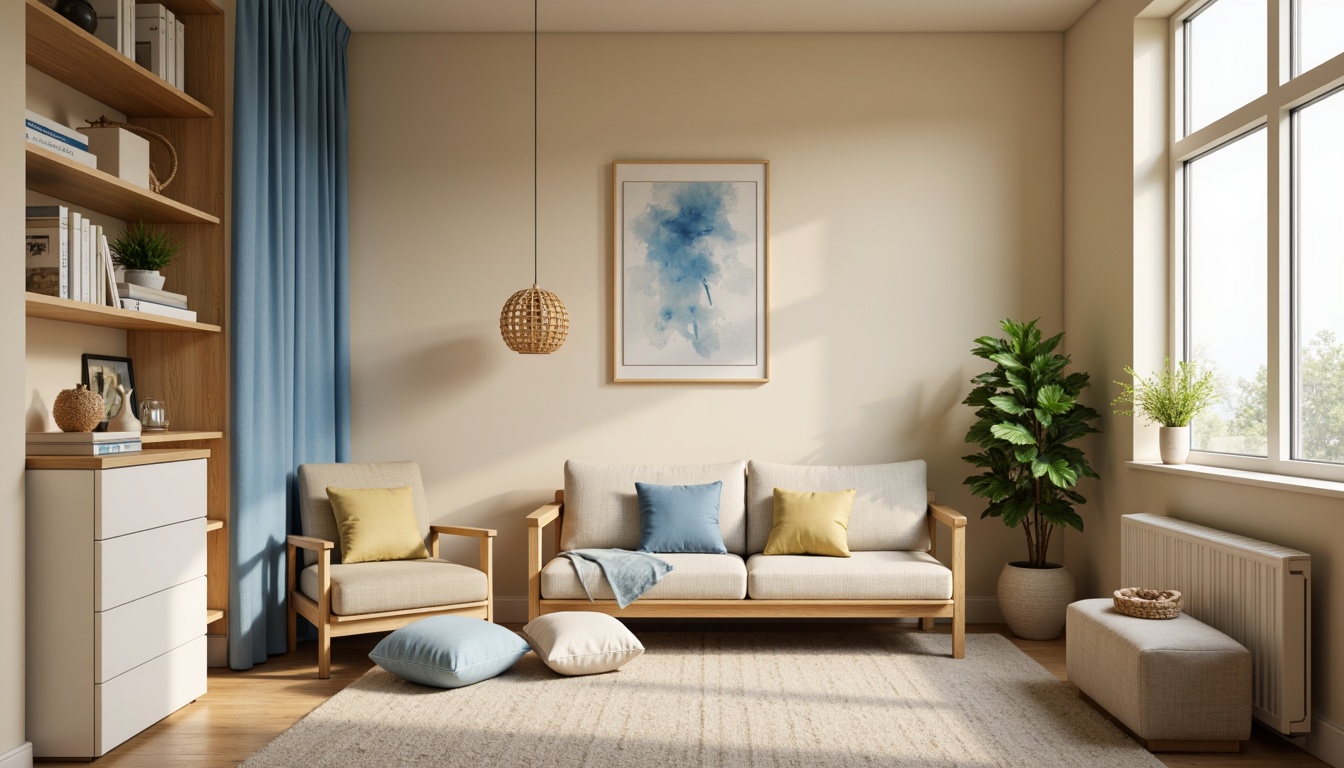 Prompt: Cozy dorm room, warm beige walls, plush area rug, soft pastel colors, calming blue accents, creamy white furniture, natural wood tones, minimal ornamentation, soothing ambient lighting, relaxed atmosphere, 1/1 composition, intimate framing, gentle color transitions, realistic textures.