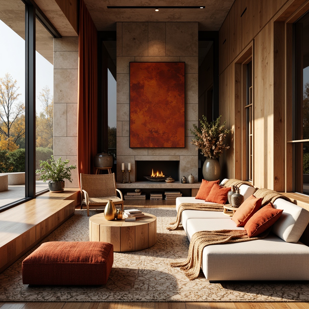 Prompt: Warm persimmon accents, rich wood tones, earthy terracotta hues, soft cream whites, velvety dark grays, luxurious golden metallics, natural stone textures, woven rattan furniture, plush throw blankets, Moroccan-inspired geometric patterns, autumnal leaf motifs, cozy reading nooks, floor-to-ceiling windows, warm ambient lighting, 1/1 composition, shallow depth of field, realistic rendering.