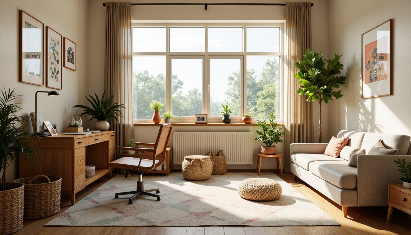 Prompt: Retro dorm room, mid-century modern furniture, wooden desk, ergonomic chair, vintage lamp, geometric patterned rug, minimalist decor, pastel color palette, natural textiles, woven baskets, potted plants, abstract artwork, large windows, abundant natural light, soft warm glow, shallow depth of field, 1/1 composition, realistic textures, ambient occlusion.