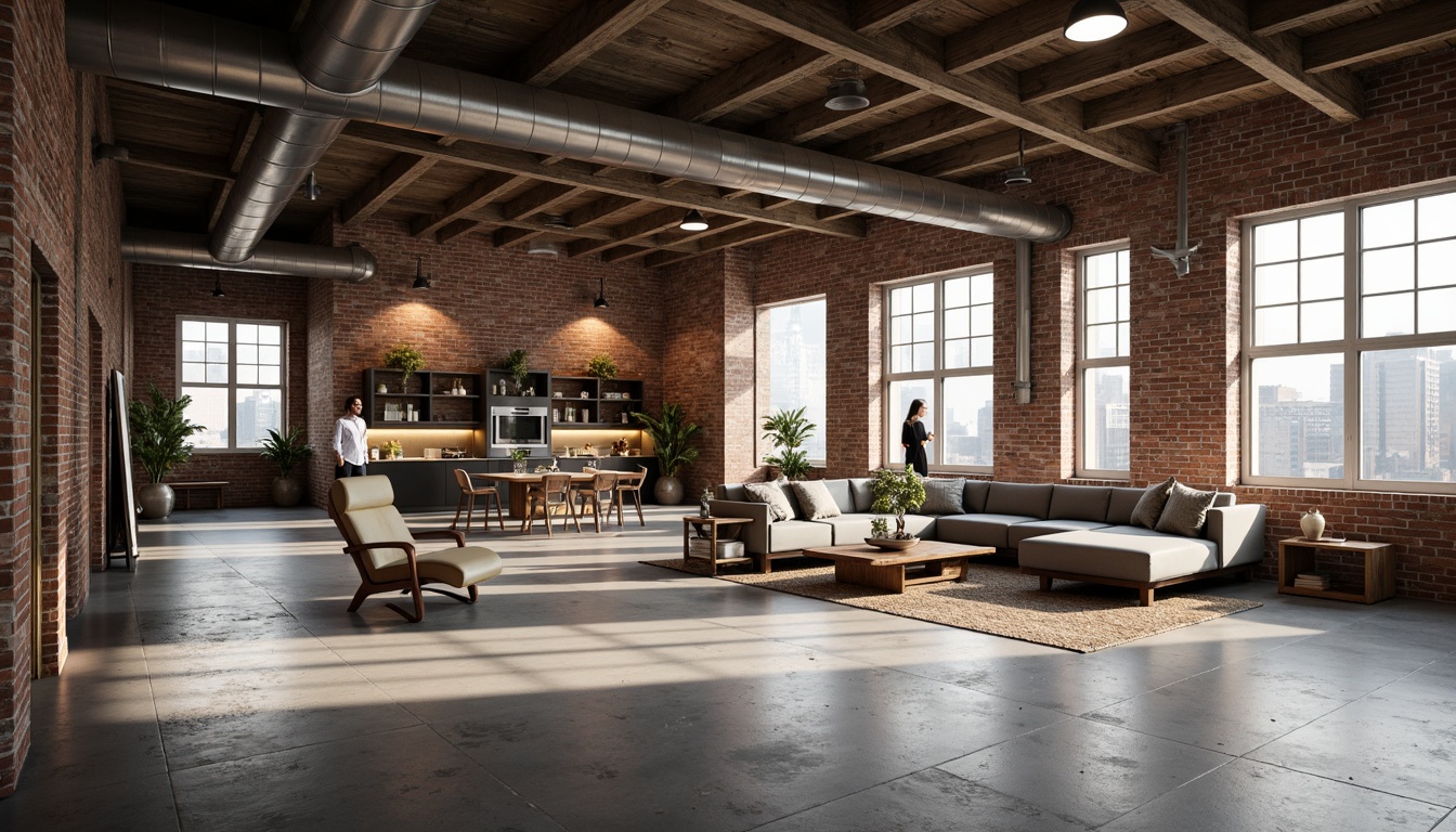 Prompt: Exposed brick walls, industrial metal beams, polished concrete floors, minimalist decor, reclaimed wood accents, open-plan living areas, high ceilings, large windows, natural light pouring in, urban city views, cozy reading nooks, comfortable sectionals, soft warm lighting, atmospheric shadows, 1/1 composition, realistic textures, ambient occlusion, relaxed color palette, industrial-chic aesthetic.