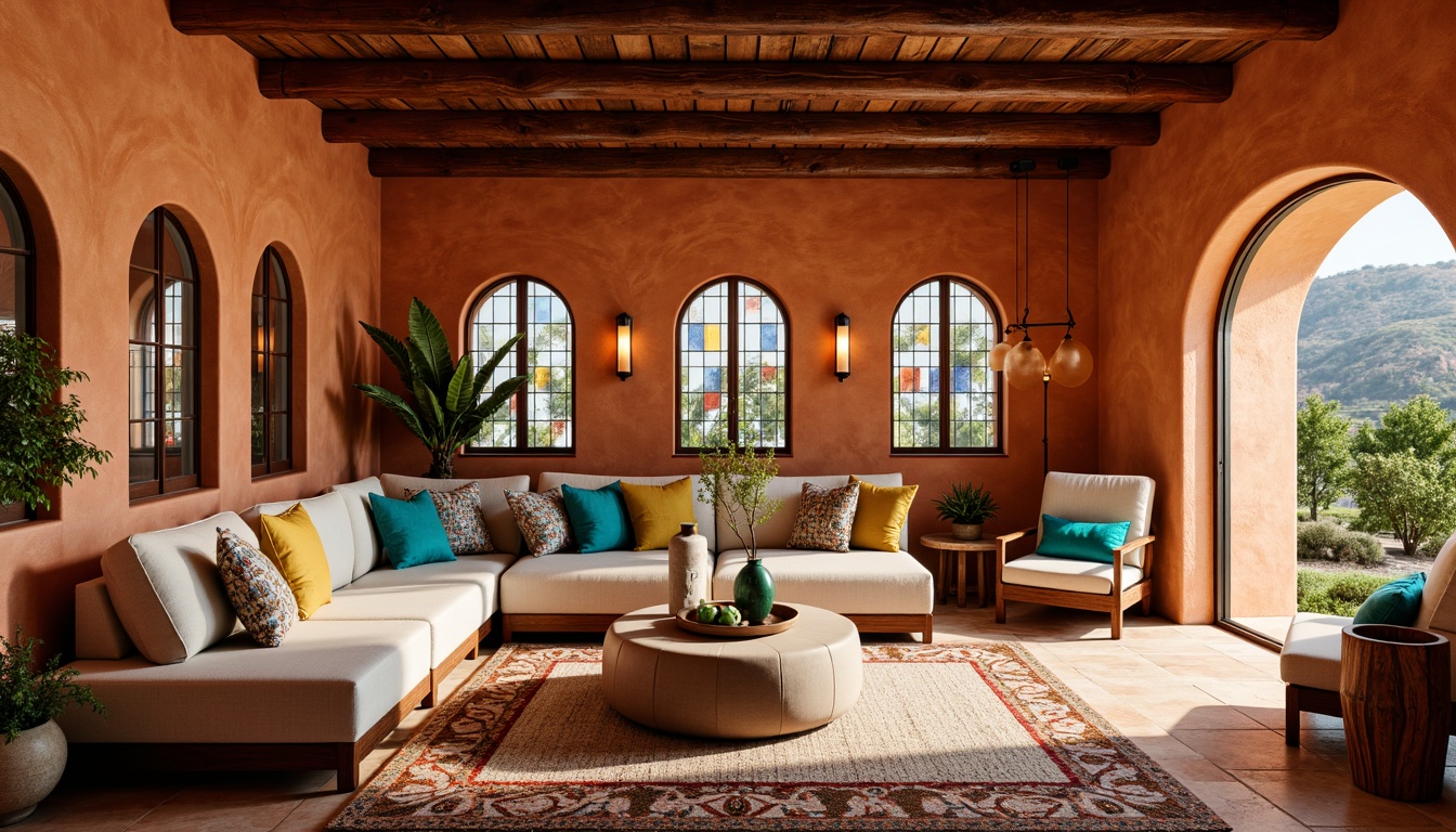 Prompt: Vibrant villa interior, southwestern style, stained glass windows, warm earthy tones, terracotta floors, adobe walls, rustic wooden beams, elegant archways, luxurious furnishings, plush textiles, vibrant turquoise accents, geometric patterns, intricate tile work, soft warm lighting, shallow depth of field, 1/1 composition, realistic textures, ambient occlusion.