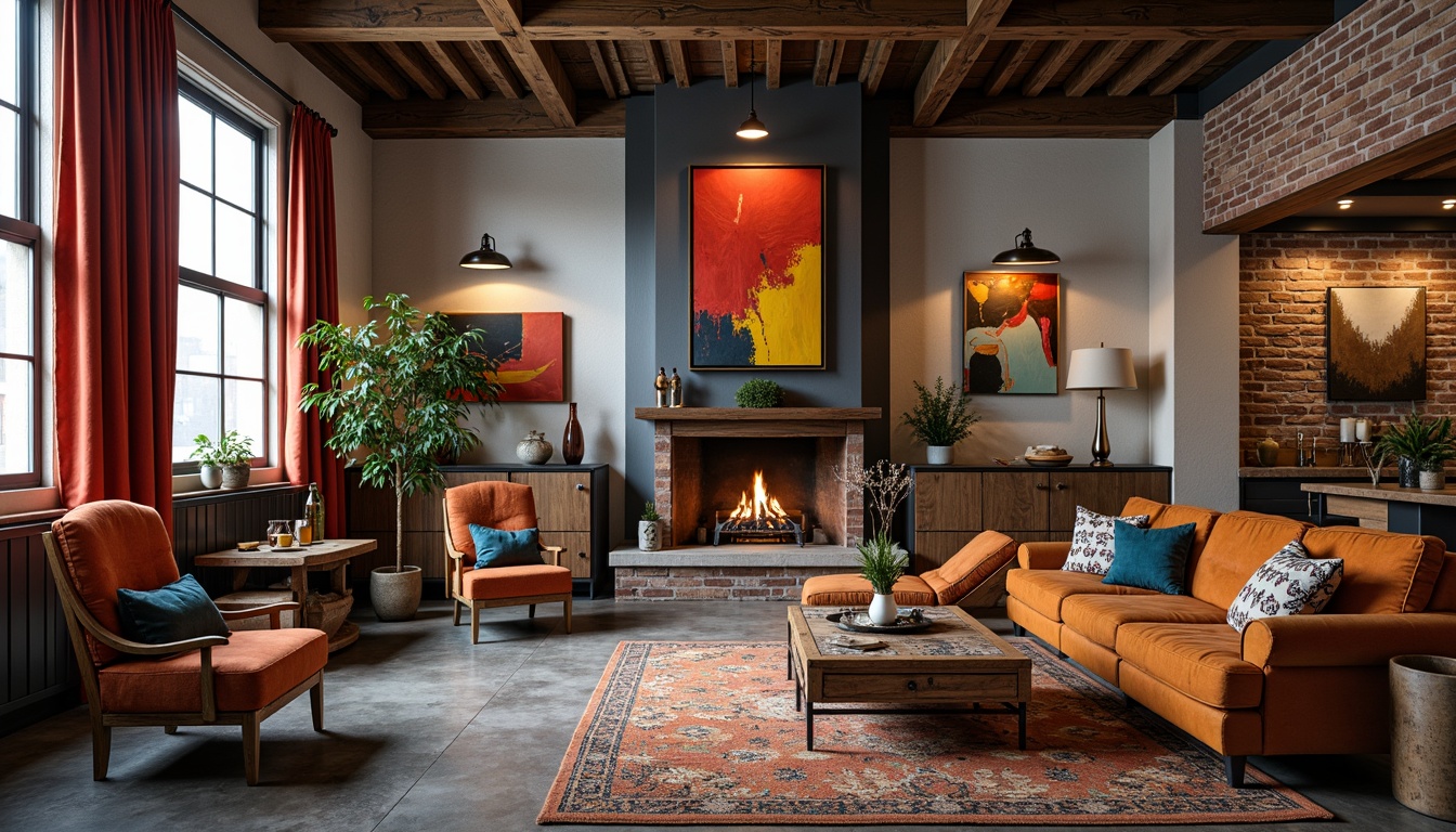 Prompt: Eclectic living room, bold color palette, rich textures, luxurious fabrics, metallic accents, reclaimed wood furniture, industrial chic decor, exposed brick walls, polished concrete floors, modern abstract artwork, statement lighting fixtures, eclectic patterned rugs, plush throw pillows, natural stone fireplace, ambient warm glow, shallow depth of field, 1/1 composition, realistic renderings, atmospheric fog.