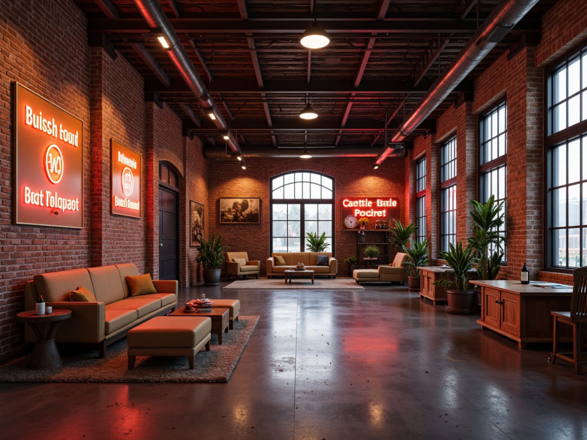 Prompt: Industrial warehouse, exposed brick walls, metal beams, polished concrete floors, vibrant color accents, neon signs, modern LED lighting, minimalist decor, reclaimed wood furniture, urban loft atmosphere, natural textiles, earthy tones, warm atmospheric lighting, shallow depth of field, 1/2 composition, realistic reflections, ambient occlusion.