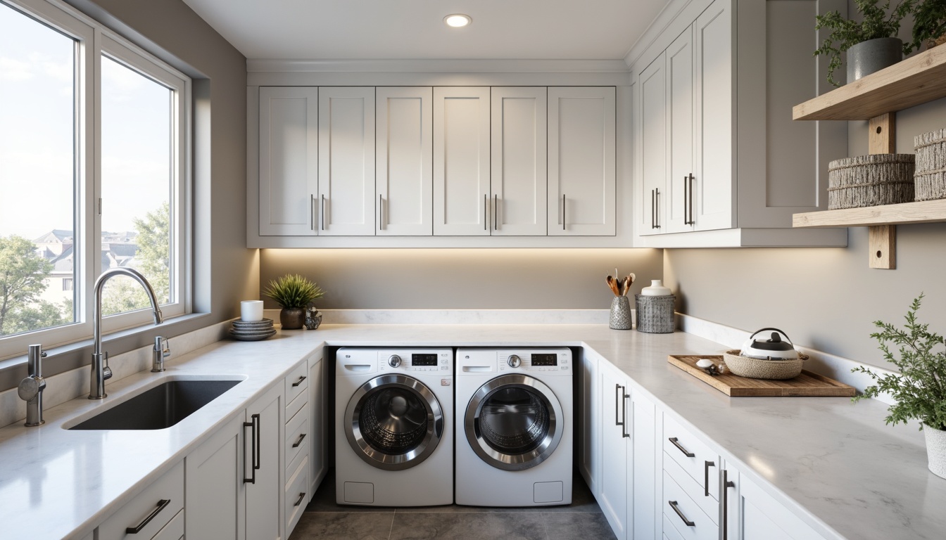 Prompt: Modern laundry room, sleek countertops, durable materials, stain-resistant surfaces, easy-to-clean finishes, white cabinets, chrome faucets, stainless steel appliances, built-in ironing boards, foldable drying racks, soft-close drawers, ample storage space, natural stone flooring, LED task lighting, 3/4 composition, realistic textures, ambient occlusion.