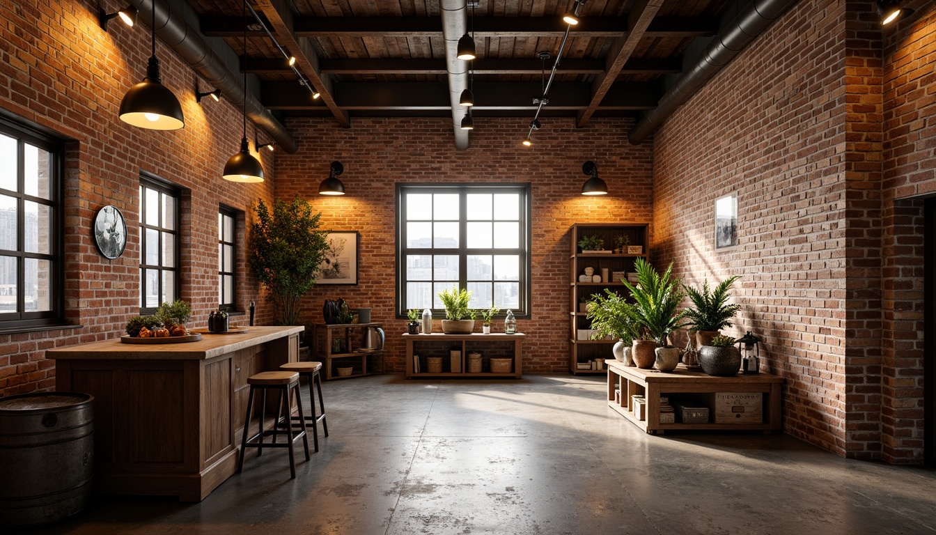 Prompt: Exposed brick walls, industrial metal beams, reclaimed wood accents, vintage factory windows, distressed concrete floors, modern industrial lighting fixtures, metal shade lamps, exposed bulb pendants, warm cozy ambiance, soft golden lighting, high ceilings, open space, urban loft atmosphere, converted warehouse setting, rustic metal stools, wooden crates, metal drums, scattered tools, old machinery parts, dimmable LED lights, warm color temperature, atmospheric shadows, 1/1 composition, realistic textures, ambient occlusion.