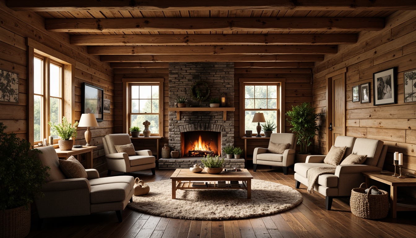 Prompt: Rustic cabin interior, wooden furniture, distressed finishes, earthy tones, natural textures, woven baskets, vintage decor, candlelit ambiance, stone fireplace, plush throw blankets, chunky wool rugs, wooden ceiling beams, exposed brick walls, cozy reading nook, warm golden lighting, shallow depth of field, 1/1 composition, realistic wood grain, ambient occlusion.