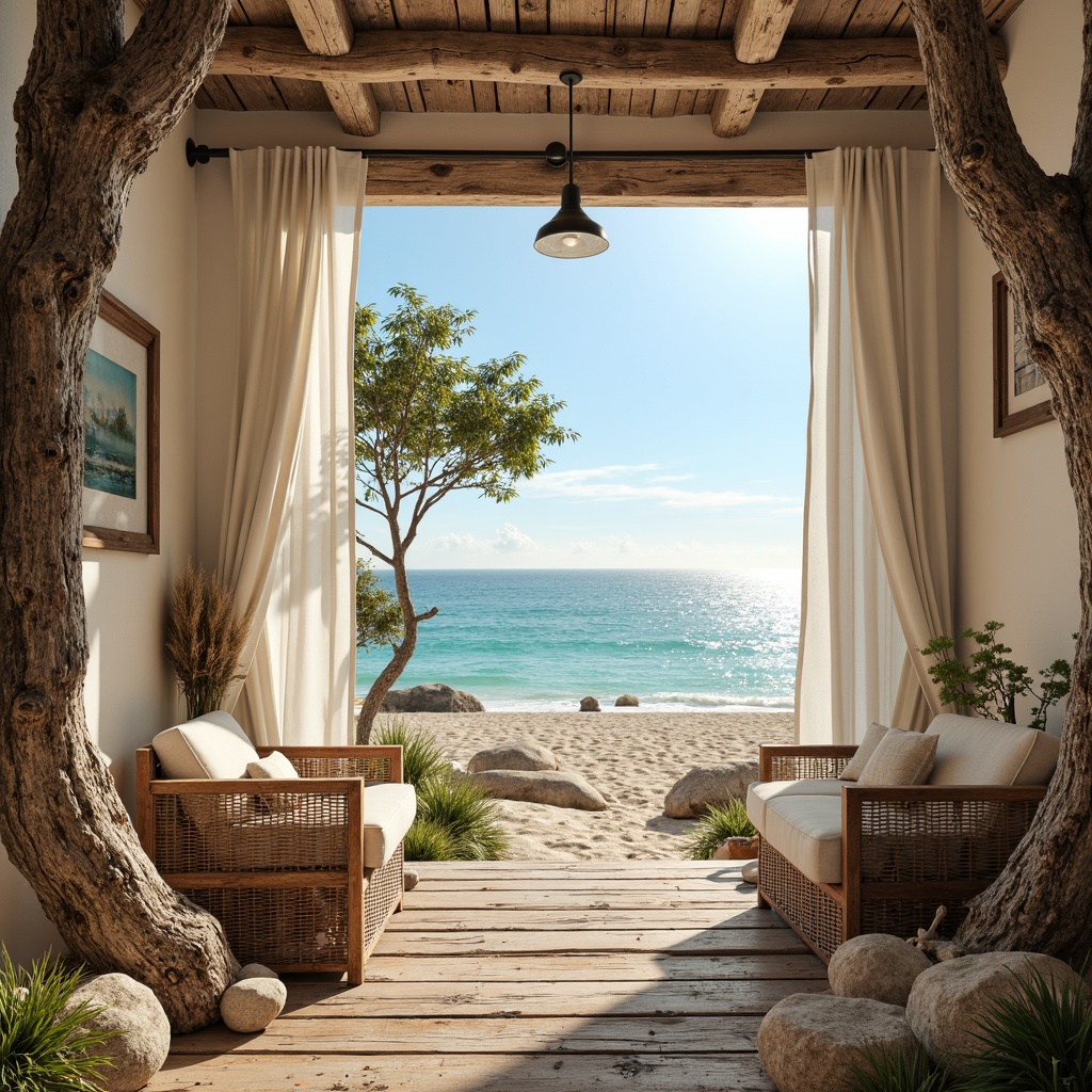 Prompt: Weathered driftwood accents, ocean-worn stones, sea-salt-crusted metalwork, distressed wooden planks, woven rattan furniture, billowy white curtains, soft sandy dunes, turquoise water reflections, sunny coastal morning, warm golden lighting, shallow depth of field, 1/1 composition, panoramic view, realistic textures, ambient occlusion, beachy atmosphere, natural ocean breeze, calming sound waves.