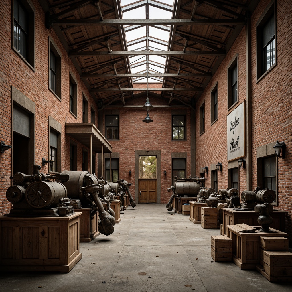 Prompt: Rustic industrial building, reclaimed wood accents, exposed brick walls, metal beams, distressed concrete floors, vintage machinery, earthy color palette, natural stone textures, weathered steel surfaces, worn wooden crates, dim warm lighting, shallow depth of field, 1/1 composition, realistic wear and tear, ambient occlusion.