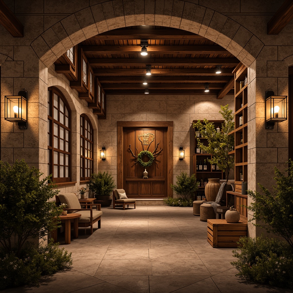 Prompt: Rustic wine cellar, stone walls, wooden accents, earthy tones, dim warm lighting, barrel-shaped decorations, vineyard-inspired artwork, natural brick archways, distressed wood beams, metal lanterns, wine bottle displays, wooden crates, stone floors, arched windows, soft golden lighting, cozy atmosphere, rich textures, 3/4 composition, realistic rendering.