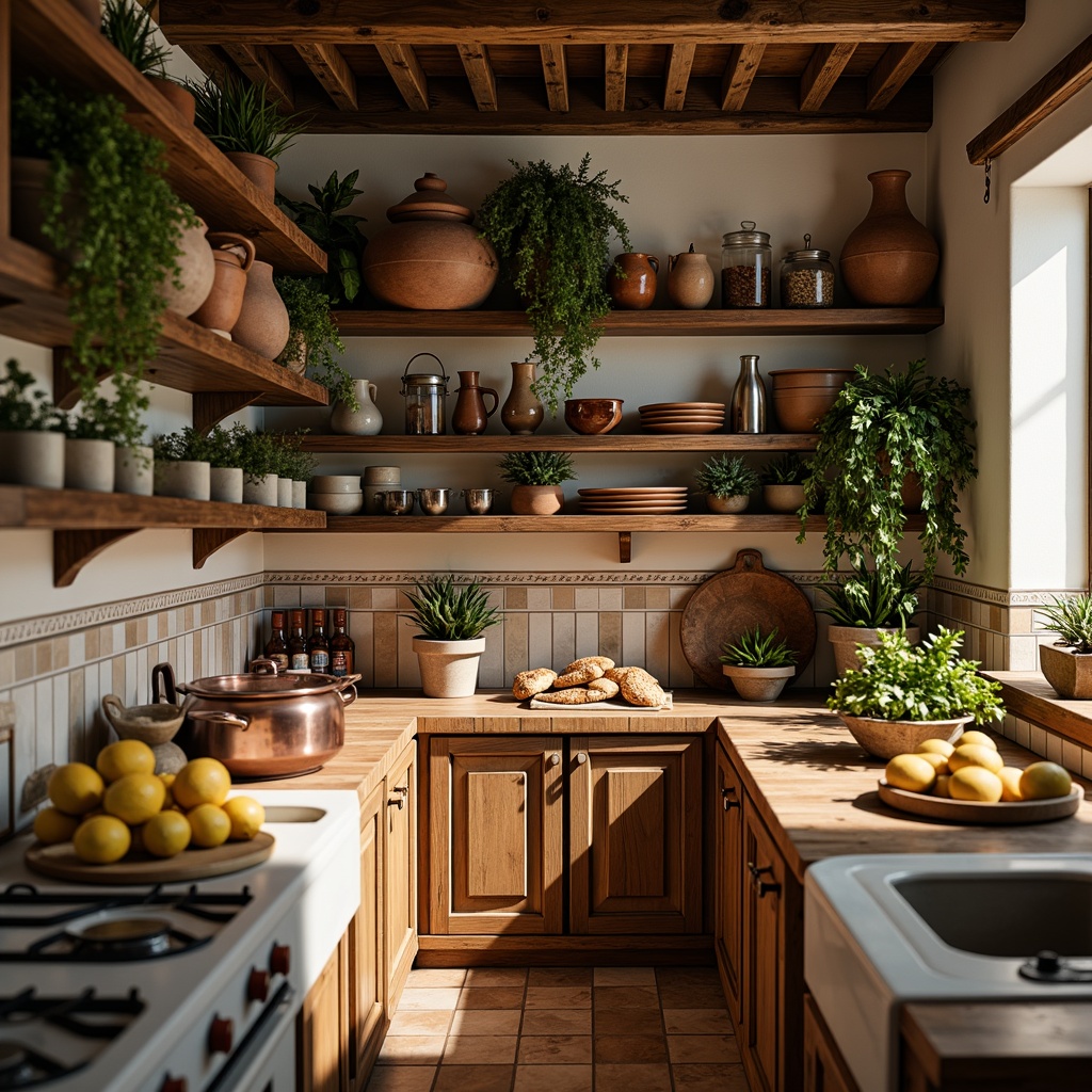 Prompt: Warm Mediterranean kitchen, rustic wooden shelves, vintage ceramic tiles, earthy terracotta pots, aromatic herbs, fresh lemons, olives, artisanal breads, rich spices, fragrant coffee beans, gleaming copper accents, distressed wooden beams, soft warm lighting, shallow depth of field, 3/4 composition, cozy atmosphere, natural textures, ambient occlusion.