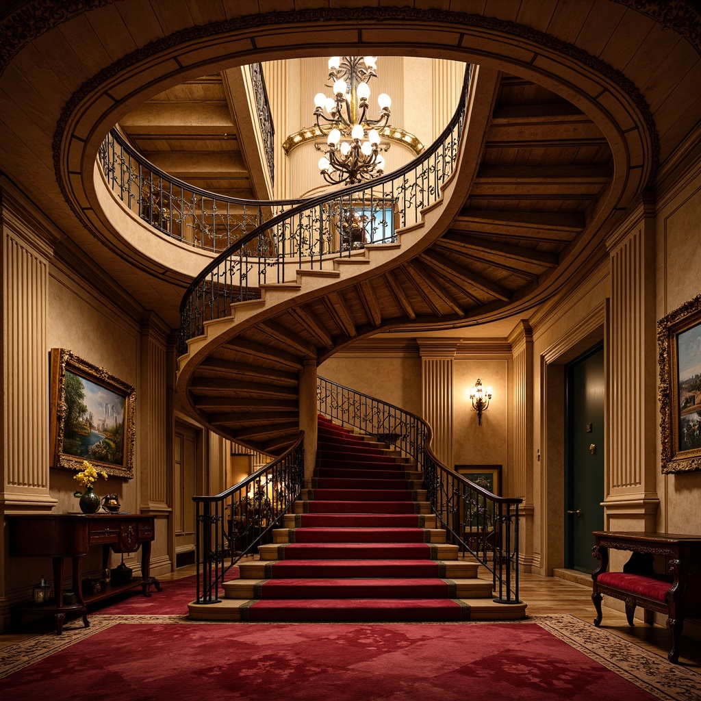 Prompt: Grand spiral staircase, ornate metal banisters, lavish chandelier, opulent red carpet, richly textured walls, Baroque-inspired architecture, dramatic lighting effects, warm golden tones, highly ornamental details, dynamic shapes, expressive curves, whimsical patterns, mysterious shadows, cinematic atmosphere, low-angle shot, symmetrical composition, high-contrast colors, deep depth of field, intricate stone carvings, luxurious velvet fabrics, gilded accents, antique furnishings.