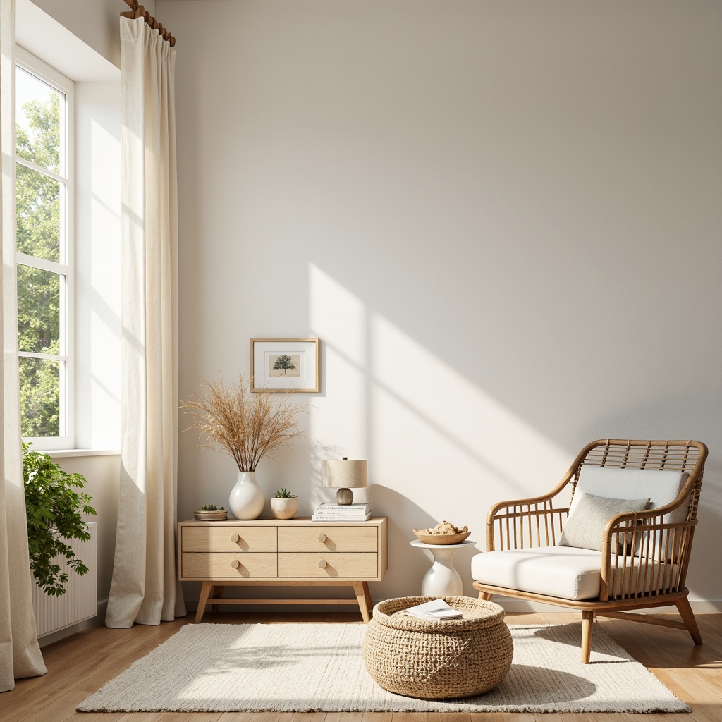 Prompt: Soft warm lighting, pastel color scheme, gentle whites, creamy ivories, soothing blues, calming greens, warm beiges, natural textiles, woven baskets, minimalist decor, functional furniture, clean lines, simple shapes, airy atmosphere, relaxed ambiance, serene mood, 1/1 composition, realistic textures, ambient occlusion.