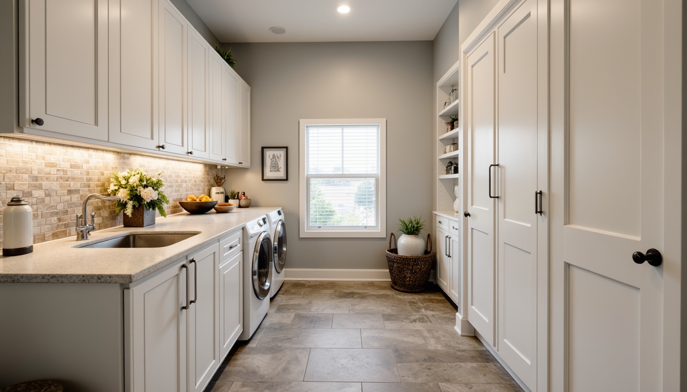 Prompt: Laundry room interior, modern appliances, durable quartz countertops, stainless steel sink, chrome faucet, ceramic tile backsplash, ample storage cabinets, built-in washer and dryer, natural stone flooring, recessed lighting, soft pastel colors, calming ambiance, 1/1 composition, warm softbox lighting, realistic textures.