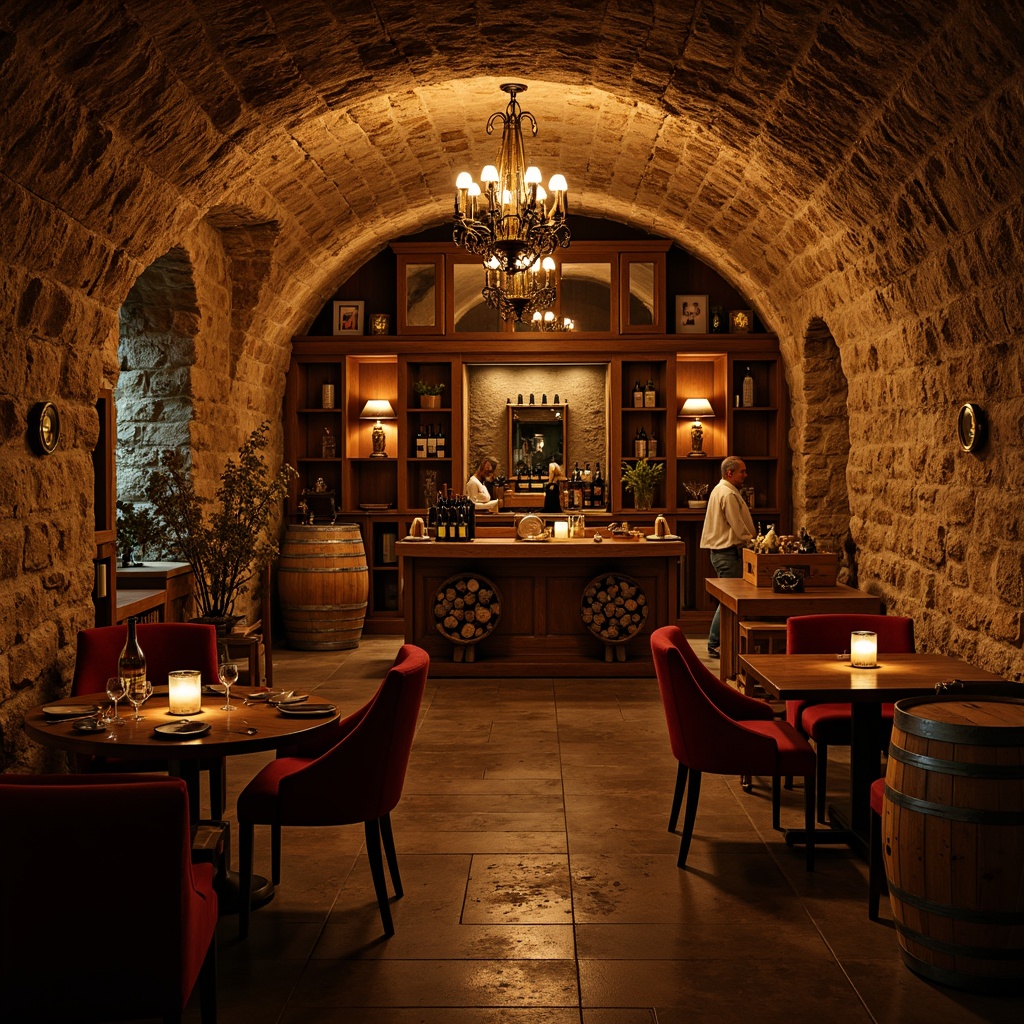 Prompt: Rustic wine cellar, stone walls, wooden barrels, dimly lit atmosphere, warm golden lighting, soft candlelight, elegant chandeliers, pendant lights, wooden crates, vintage wine bottles, rich wood accents, earthy tones, cozy seating areas, rustic wooden tables, plush velvet armchairs, intimate ambiance, dramatic shadows, low-key lighting, 1/2 composition, shallow depth of field, warm color palette.