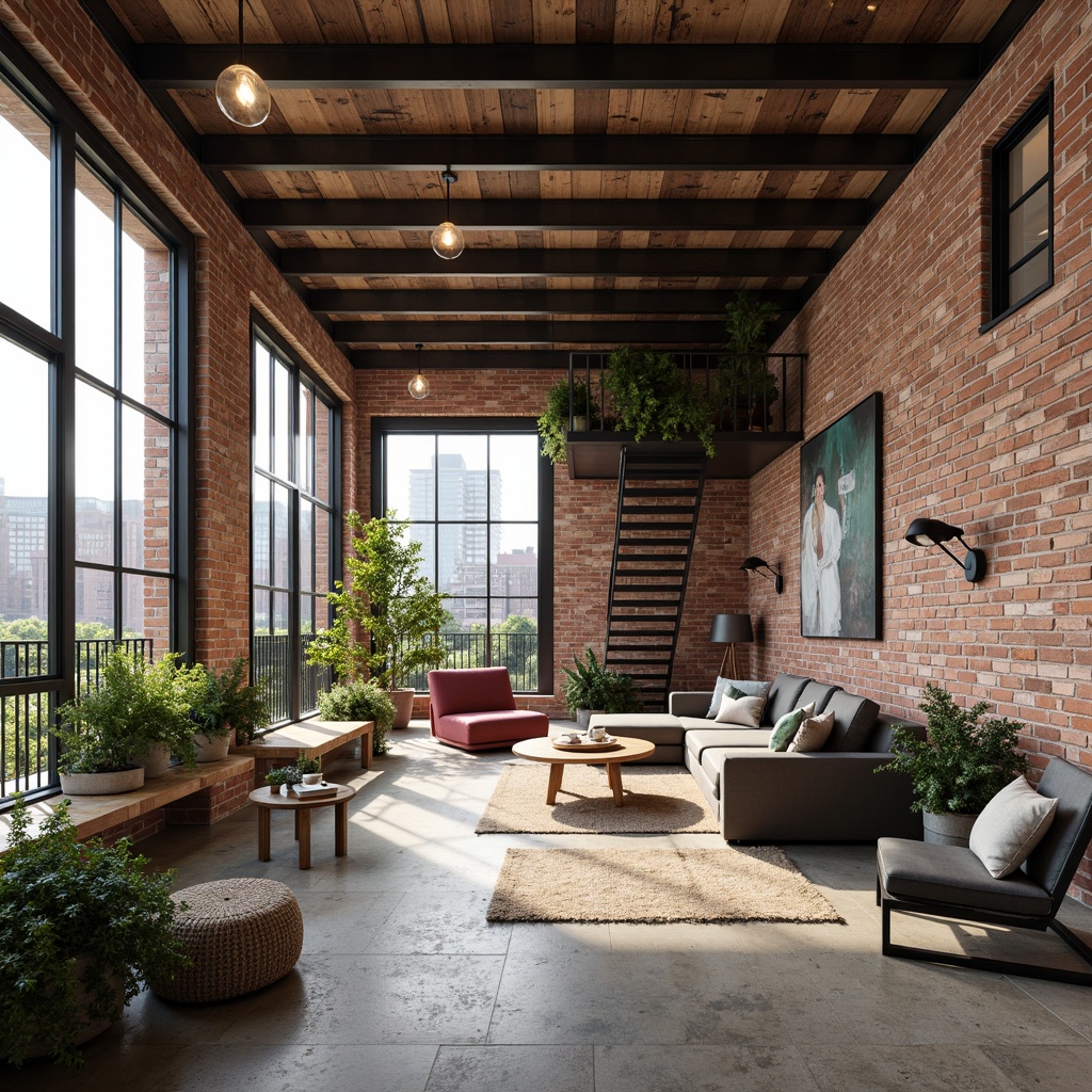 Prompt: Exposed brick walls, industrial chic decor, reclaimed wood accents, metal beams, high ceilings, open floor plans, minimal partitions, functional lofts, airy atmosphere, natural light pouring in, oversized windows, sliding glass doors, urban landscape views, modern minimalist furniture, polished concrete floors, steel staircases, Edison bulb lighting, distressed finishes, eclectic art pieces, green walls, living plants, industrial-chic color palette, warm neutral tones, cozy nooks, functional zones, flexible layouts, multi-functional spaces, communal areas, collaborative workspaces, innovative storage solutions, space-saving designs.