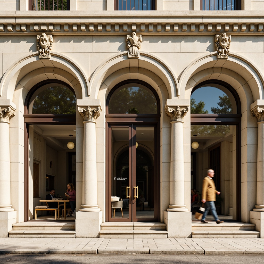 Prompt: Elegant bank facade, arched windows, ornate stone carvings, grand entrance, symmetrical composition, rusticated base, Corinthian columns, cream-colored stucco walls, decorative metalwork, subtle Art Deco influences, large glass panes, bronze door handles, polished marble floors, high ceilings, soft natural lighting, warm beige tones, realistic textures, ambient occlusion, shallow depth of field, 3/4 composition, panoramic view.