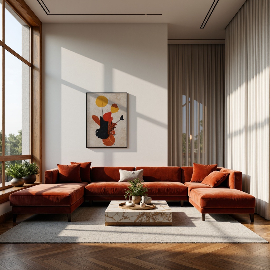 Prompt: Elegant living room, luxurious velvet sofa, rich wood flooring, marble coffee table, abstract art pieces, floor-to-ceiling windows, sheer white curtains, soft warm lighting, 1/1 composition, shallow depth of field, realistic textures, ambient occlusion.