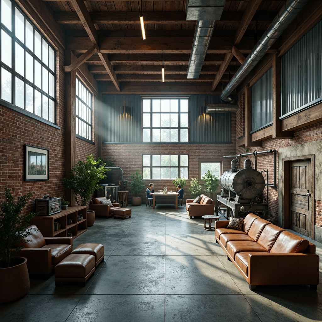 Prompt: Industrial warehouse interior, exposed brick walls, metal beams, reclaimed wood accents, distressed concrete floors, urban loft atmosphere, vintage industrial machinery, rusty metal tones, earthy color palette, muted shades of blue and green, warm beige and gray hues, rich brown leather textures, metallic silver accents, dramatic high ceilings, large factory windows, soft natural lighting, atmospheric fog effect, shallow depth of field, 2/3 composition, cinematic mood, realistic rough textures.