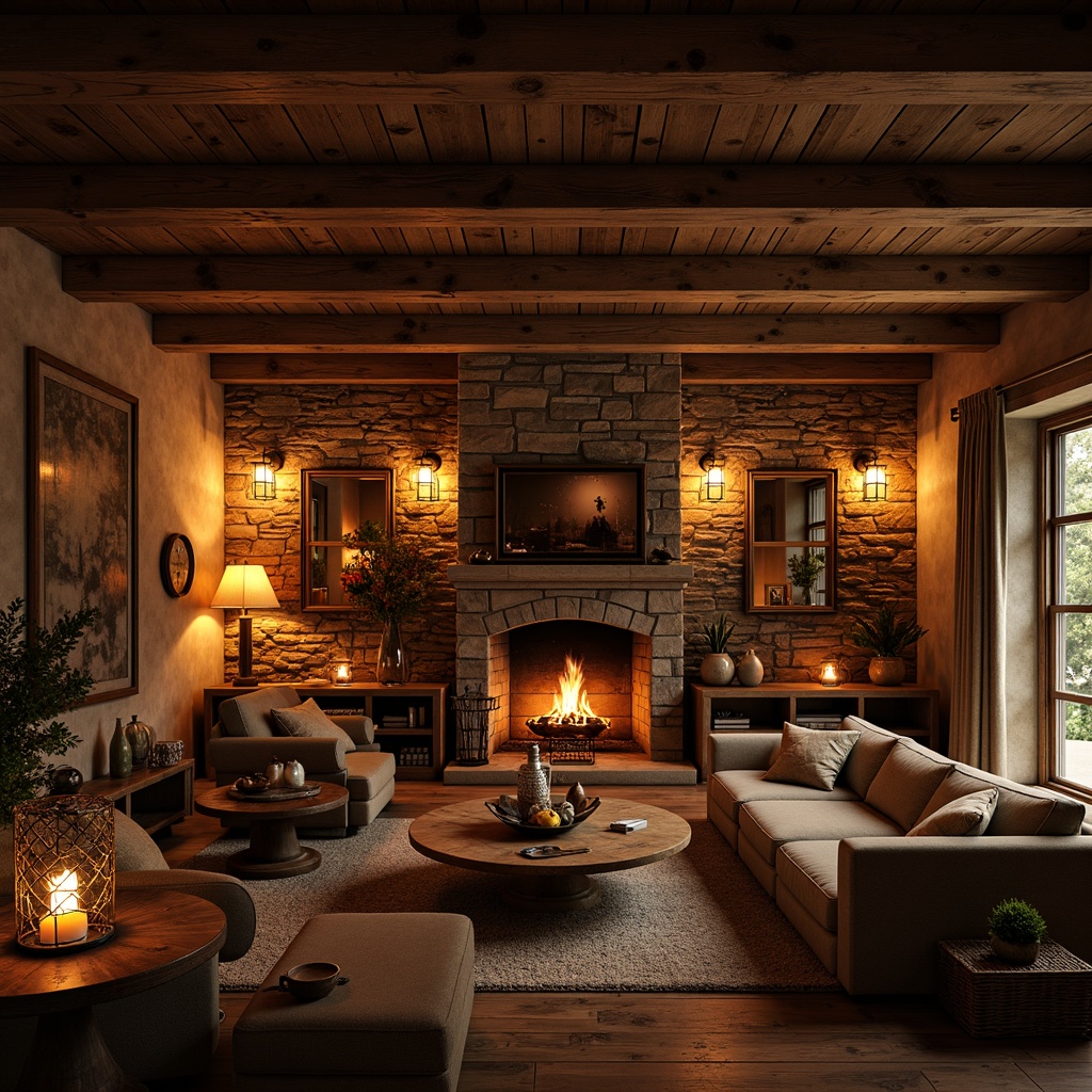 Prompt: Rustic interior, wooden beams, stone walls, earthy tones, warm candlelight, pendant lanterns, metal chandeliers, distressed wood furniture, cozy fireplaces, soft warm glow, ambient lighting, table lamps, floor lamps, natural textures, rough-hewn wood accents, vintage decorative items, warm color palette, intimate atmosphere, low-key lighting, subtle shadows, 3/4 composition, realistic renderings.