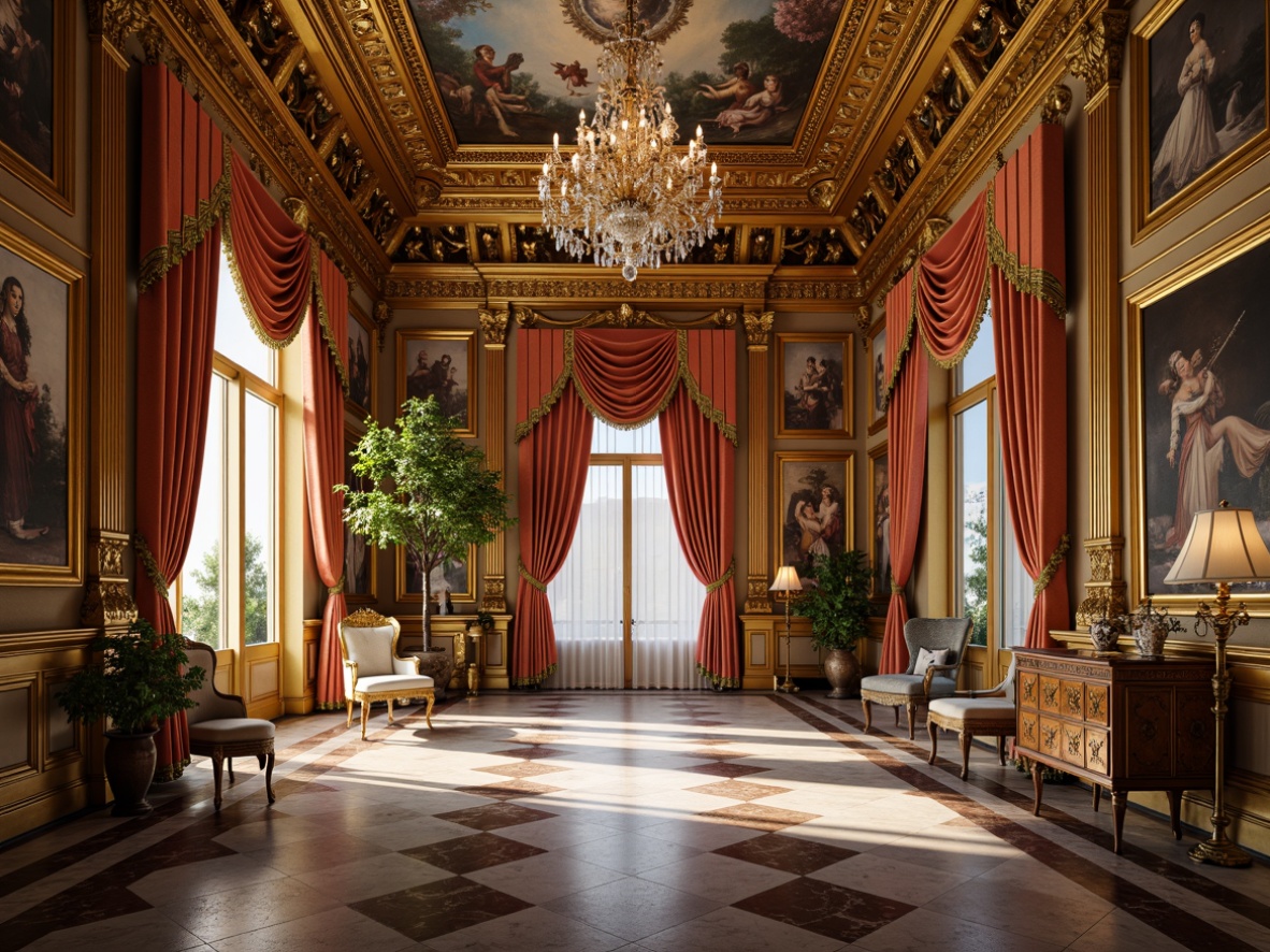 Prompt: Ornate golden frames, lavish crystal chandeliers, grandiose architectural elements, opulent velvet drapes, intricate fresco ceilings, gilded mirror accents, luxurious marble floors, ornamental metalwork, majestic wooden furnishings, extravagant glass decorations, elaborate carvings, dramatic lighting effects, soft warm glow, 1/1 composition, realistic reflections, ambient occlusion.