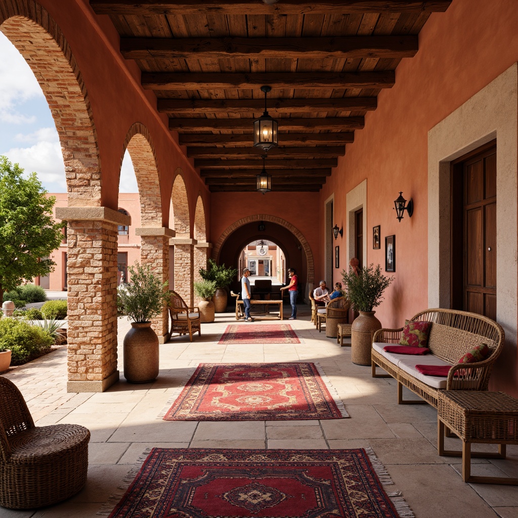 Prompt: Rustic community center, earthy terracotta walls, distressed wooden accents, woven wicker furniture, vibrant colorful textiles, intricately patterned rugs, natural stone flooring, exposed brick archways, warm cozy lighting, soft shadows, 1/2 composition, intimate close-ups, realistic materials, ambient occlusion.