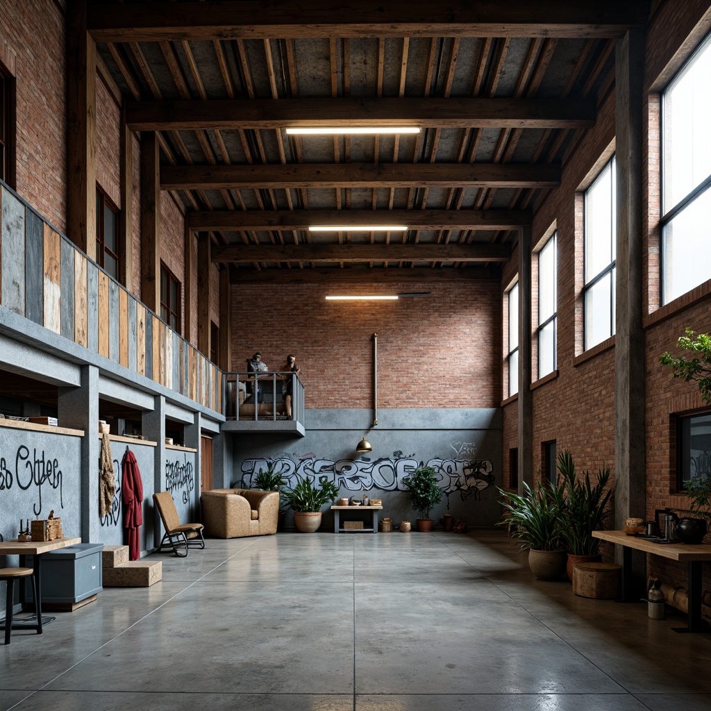 Prompt: Industrial warehouse setting, exposed brick walls, metal beams, reclaimed wood accents, urban graffiti, distressed textures, neutral tones, dark grays, industrial blues, rusty reds, metallic silvers, warm beige, concrete floors, overhead lighting, dramatic shadows, high contrast ratio, cinematic atmosphere, gritty realism, 1/2 composition, close-up shots, shallow depth of field.