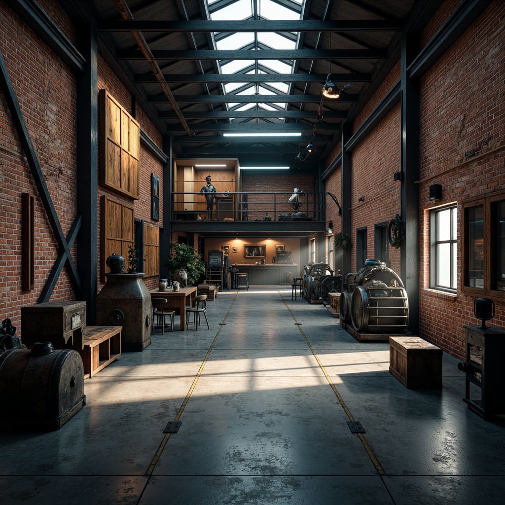 Prompt: Industrial warehouse interior, exposed brick walls, metal beams, polished concrete floors, reclaimed wood accents, vintage machinery, distressed finishes, urban atmosphere, neutral color palette, muted tones, dark grays, rich blues, warm earthy reds, industrial lighting, overhead lamps, task lighting, dramatic shadows, high contrast ratio, gritty textures, realistic reflections, cinematic mood, 1/1 composition, atmospheric perspective.