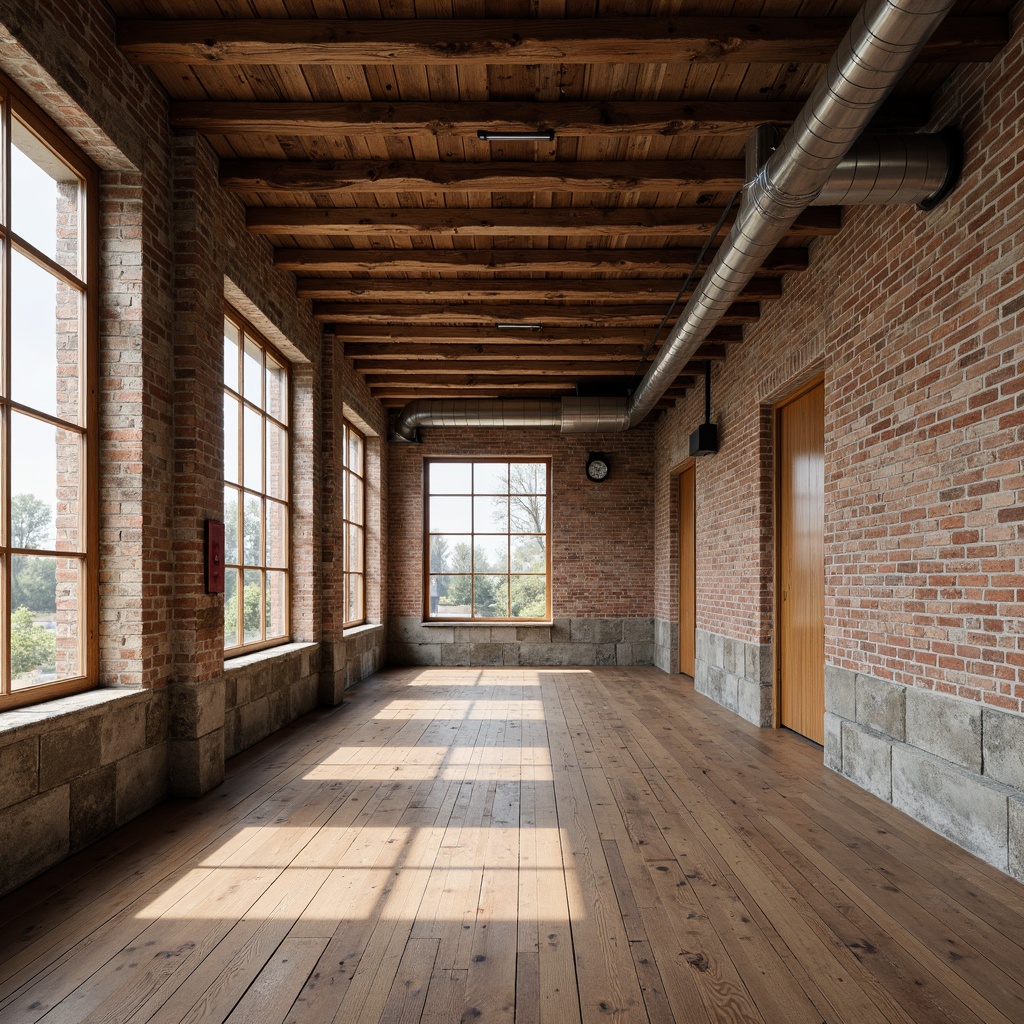 Prompt: Rustic wooden beams, distressed brick walls, exposed ductwork, industrial metal pipes, reclaimed wood flooring, natural stone foundations, earthy color palette, minimal ornamentation, functional simplicity, urban loft atmosphere, high ceilings, large windows, soft warm lighting, shallow depth of field, 3/4 composition, realistic textures, ambient occlusion.