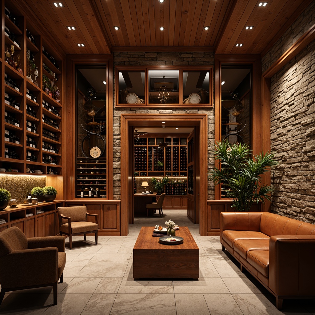 Prompt: Luxurious wine cellar, rich wood tones, elegant cabinetry, temperature-controlled storage, dimmable lighting, rustic stone walls, polished metal accents, comfortable leather seating, wooden wine barrels, glass-enclosed shelving, ambient warm glow, shallow depth of field, 1/1 composition, realistic reflections, softbox lighting.