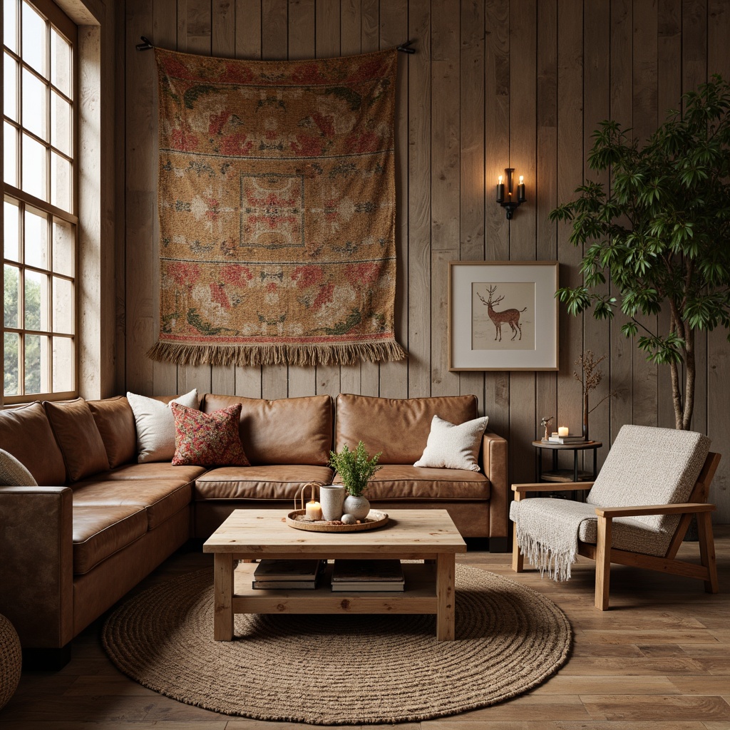 Prompt: Rustic woven fabrics, natural fibers, earthy tones, traditional patterns, handmade craftsmanship, vintage inspired textiles, cozy throw blankets, plush area rugs, distressed wood accents, worn leather furniture, classic interior design, warm soft lighting, shallow depth of field, 1/1 composition, realistic textures, ambient occlusion.