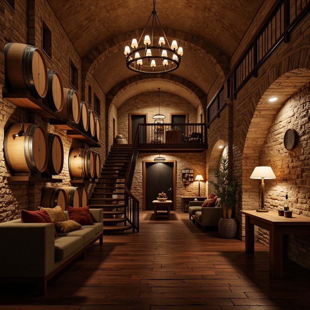 Prompt: Earthy wine cellar, rustic stone walls, wooden barrel racks, dimly lit ambiance, soft warm glow, table lamps, pendant lights, candlelight, cozy seating areas, rich wood tones, vintage wine barrels, metal lanterns, ambient shadows, low-key lighting, dramatic archways, curved staircases, intimate corners, elegant chandeliers, wine glass displays, dark wooden floors, atmospheric misting.