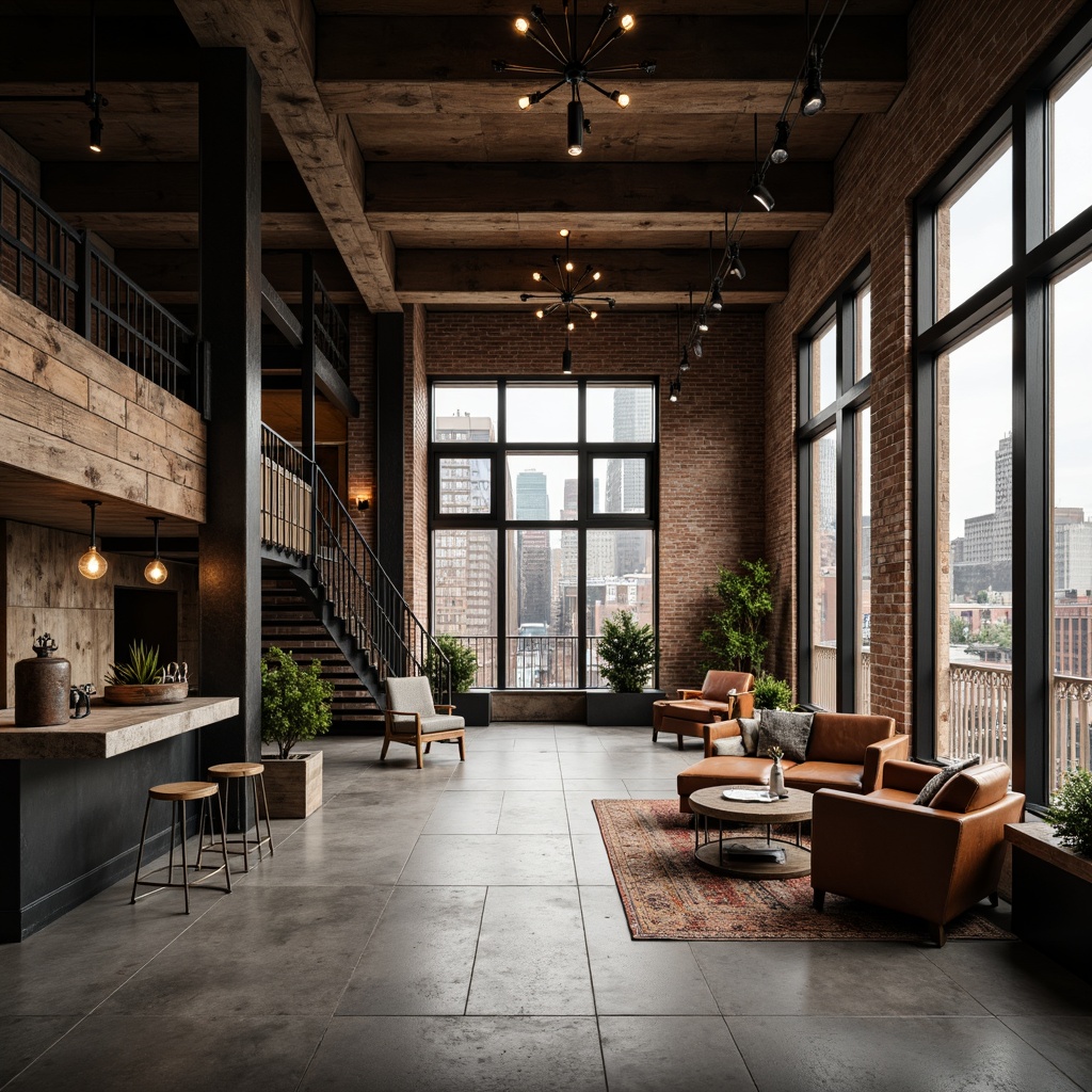 Prompt: Rustic industrial hotel lobby, exposed brick walls, metal beams, reclaimed wood accents, polished concrete floors, industrial-style lighting fixtures, urban loft atmosphere, minimalist decor, neutral color palette, raw steel columns, distressed leather furniture, vintage decorative items, Edison bulb lamps, modern amenities, luxurious textiles, brutalist architecture, cityscape views, dramatic shadows, high contrast lighting, 1/2 composition, cinematic mood.