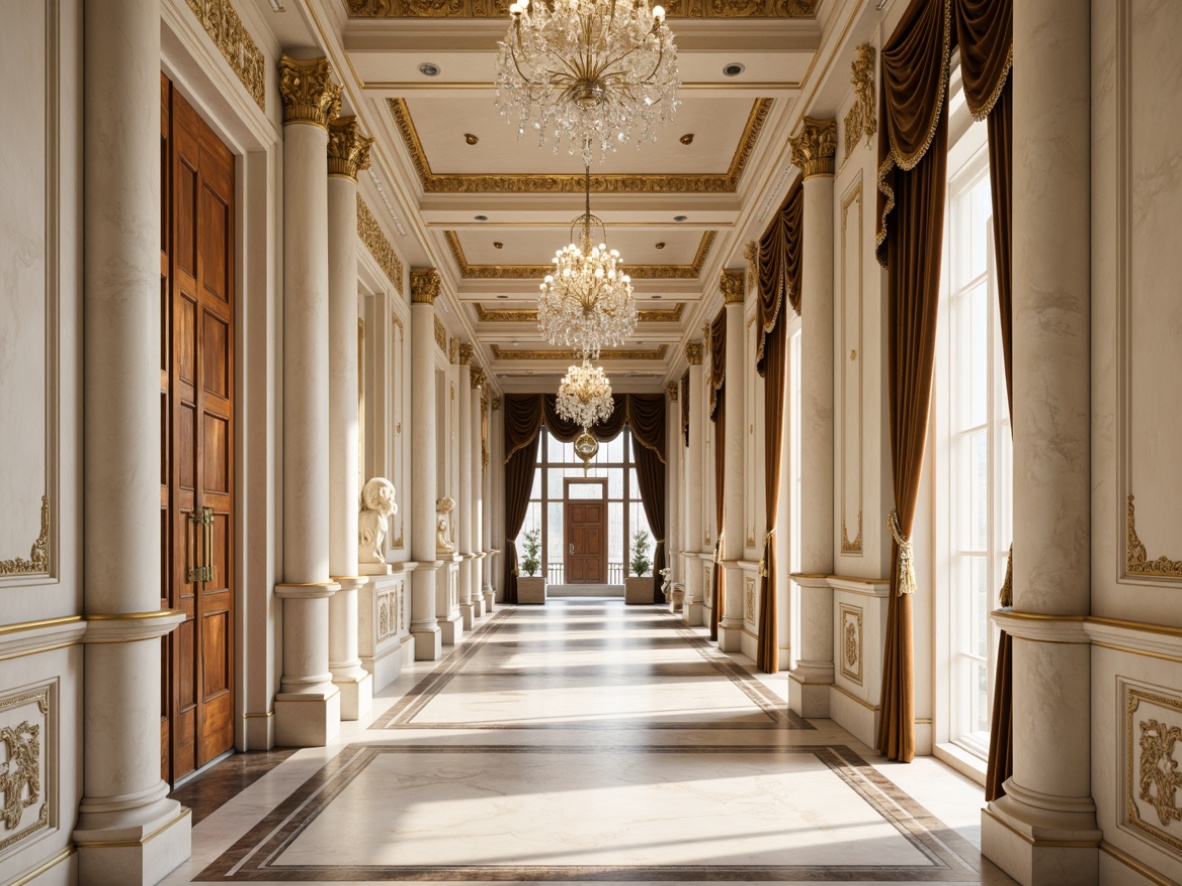 Prompt: \Elegant neoclassical architecture, creamy white marble columns, ornate gold accents, soft beige stone walls, lavish velvet drapes, rich wood paneling, crystal chandeliers, subtle warm lighting, shallow depth of field, 1/2 composition, realistic textures, ambient occlusion, serene atmosphere, classical sculptures, intricate moldings, decorative friezes, symmetrical facades.\