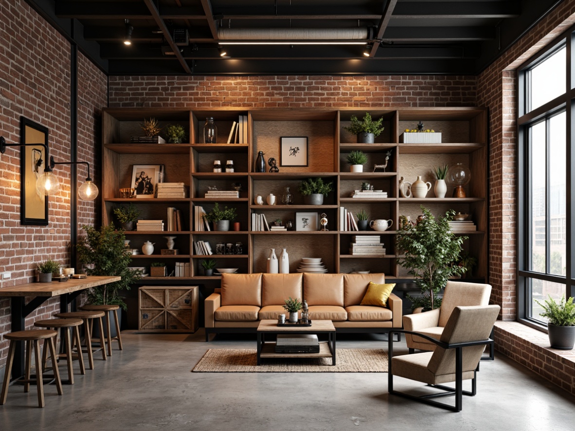 Prompt: Exposed brick walls, metal beams, reclaimed wood accents, industrial-chic furniture, minimalist decor, functional design, steel frames, distressed finishes, urban loft atmosphere, concrete floors, Edison bulb lighting, metal stools, wooden crates, vintage machinery parts, leather upholstery, copper accents, industrial-style lighting fixtures, neutral color palette, open shelving units, ergonomic seating, geometric patterns, urban modern aesthetic, warm atmospheric lighting.