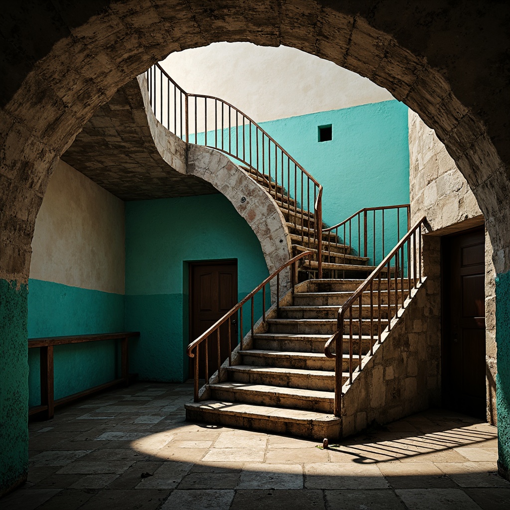 Prompt: Dramatic staircase, expressive architectural curves, rugged stone walls, distressed wooden handrails, worn metal railings, vibrant turquoise accents, abstract geometric patterns, bold black and white contrasts, dynamic shadows, warm golden lighting, low-key ambiance, shallow depth of field, 2/3 composition, cinematic view, realistic textures, ambient occlusion.