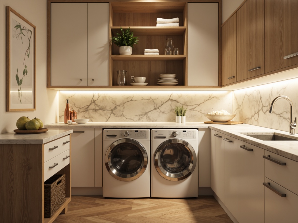 Prompt: Luxurious laundry room, stylish cabinets, soft-close drawers, chrome hardware, marble countertops, sleek faucets, modern appliances, bright LED lighting, warm beige walls, polished hardwood floors, minimalist decor, urban chic aesthetic, shallow depth of field, 1/2 composition, realistic textures, ambient occlusion.