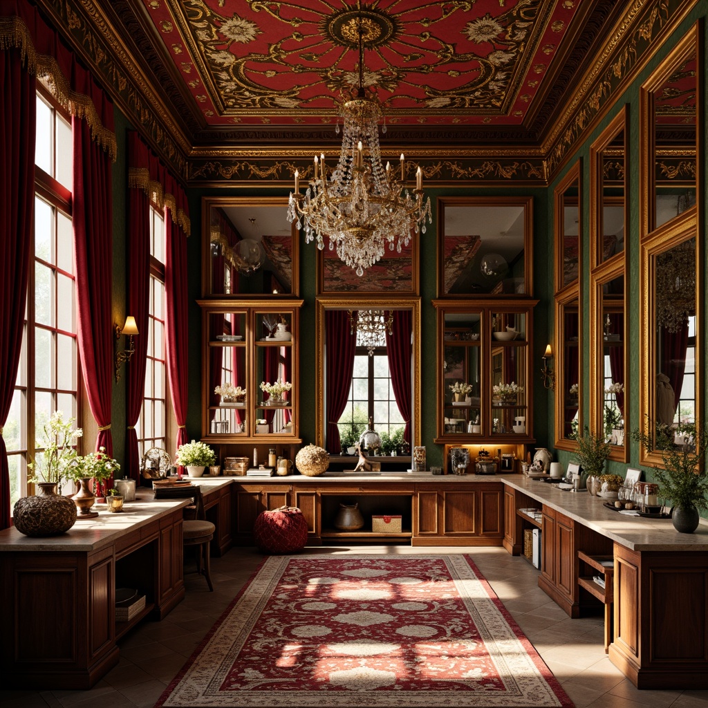 Prompt: Richly ornate craft room, luxurious velvet fabrics, intricate golden filigree, warm candlelight, soft crimson hues, lavish emerald green accents, antique wooden furniture, ornate mirrors, decorative gilded frames, lavish crystal chandeliers, opulent tassel trimmings, soft beige marble countertops, elegant curvaceous lines, dramatic high ceilings, grandiose architectural details, warm warm lighting, shallow depth of field, 1/2 composition, intimate atmosphere.