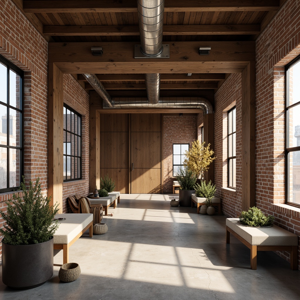 Prompt: Rustic wooden beams, distressed brick walls, exposed ductwork, industrial metal pipes, reclaimed wood accents, concrete floors, earthy color palette, natural stone features, minimalist decor, urban loft atmosphere, warm soft lighting, shallow depth of field, 1/1 composition, realistic textures, ambient occlusion.