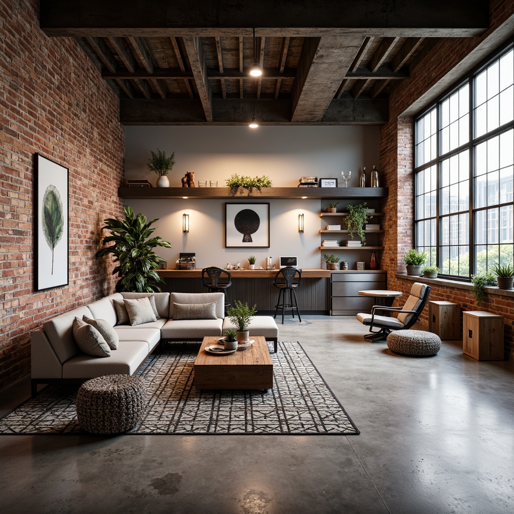 Prompt: Exposed brick walls, polished concrete floors, industrial-style lighting fixtures, reclaimed wood accents, metal beams, urban loft atmosphere, functional workspaces, minimalist decor, modern sectional sofas, industrial-chic coffee tables, edgy metal chairs, geometric-patterned rugs, distressed leather ottomans, eclectic art pieces, large windows, natural light pouring in, airy open spaces, functional shelving units, rustic wooden crates, metallic decorative accents, bold color schemes, dynamic spatial arrangements, 1/2 composition, dramatic shadows, warm ambient lighting.