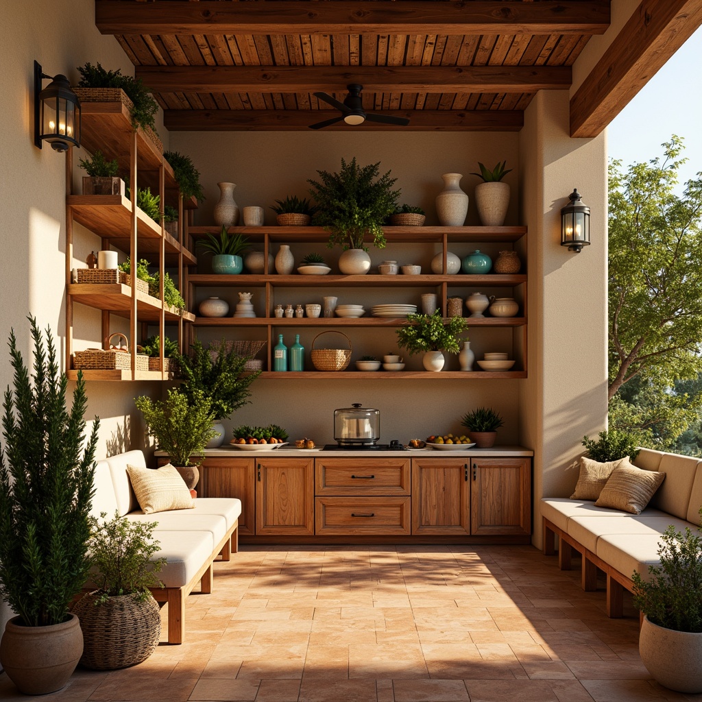 Prompt: Warm Mediterranean pantry, soft golden lighting, earthy terracotta tiles, rustic wooden shelves, woven wicker baskets, ceramic jars, vibrant turquoise accents, fragrant fresh herbs, aromatic spices, rich olive wood cabinetry, decorative metal lanterns, warm beige stone walls, cozy seating nooks, lush greenery, natural textures, 3/4 composition, soft focus, warm color palette.