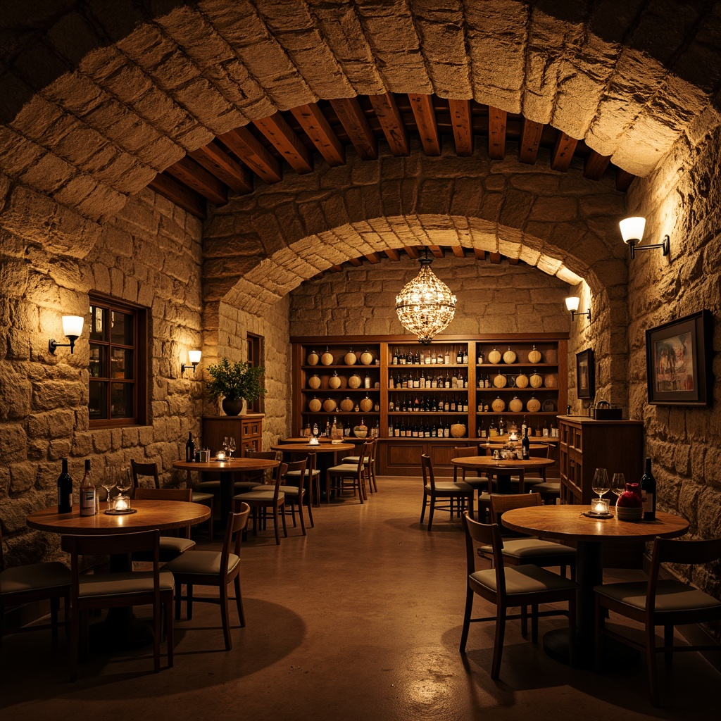 Prompt: Rustic wine cellar, stone walls, wooden barrels, dimly lit atmosphere, warm golden lighting, pendant lamps, metal chandeliers, candlelight, soft shadows, cozy nooks, rich wood tones, earthy colors, vintage wine bottles, ornate metalwork, distressed finishes, intimate seating areas, arched windows, natural textures, dramatic ceiling heights, ambient occlusion, shallow depth of field, 1/1 composition, warm color palette.